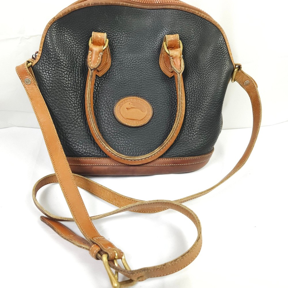 Vintage 90's Dooney & Bourke Norfolk Tan And Black Leather Zip Top Crossbody Bag